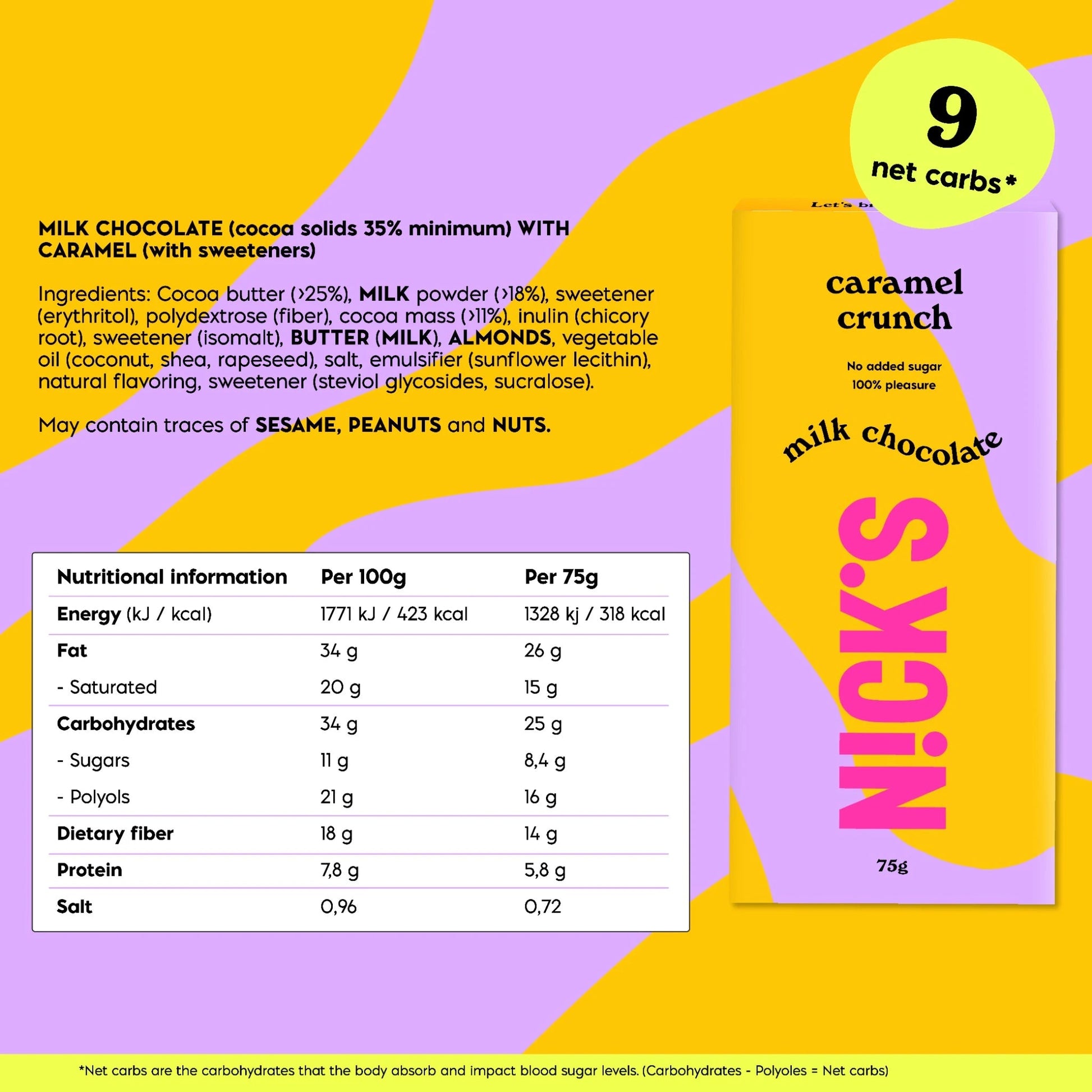 NICK'S - Šokolaaditahvel ''caramel crunch'' 75g - njom.ee